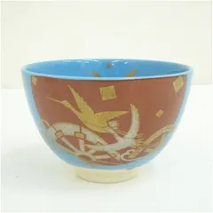 作家物　色絵比飛鶴波車茶碗  茶道 抹茶 おしゃれ 抹茶茶碗 抹茶碗 和食器 レトロ 茶器 骨董 茶わん 茶会 茶の湯
