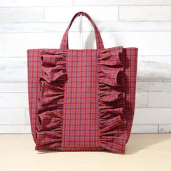 フリル付き 赤チェック 赤 タータンチェック マチあり ポケット付き トートバッグ　通勤バッグ　A4対応　サブバッグ　タータンチェック　大人ナチュラル 上品かわいい お出かけにも便利 ハンドメイド