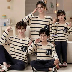 親子ペア パジャマ 長袖 綿100% ストライプ シンプル クマ 親子 ペア パジャマ キッズ 春 秋 ルームウェア ママ 家族お揃い ペアパジャマ42717