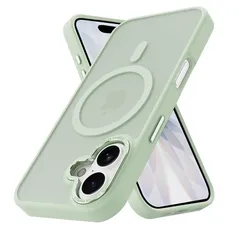 PinLiSheng iPhone 17 MagSafe対応 ケース マット 半透明 金属ボタン 耐衝撃 肌に優しい触感 指紋防止 米軍MIL規格 黄変防止 ストラップホール付き スマホケース グリーン 0