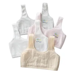 [FARFADET] ガールズ ブラ カップなし ジュニア ブラジャー 初ブラ 成長期 ノンワイヤー 子供用 女の子 キッズ 下着 4枚セット (フラワー) [フラワー]