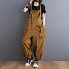 ＜在庫処分＞ゆったり サロペット レディース イエロー XL オーバーオール ワイドパンツ カジュアル 体型カバー  bu1