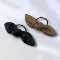 キルティング レザー調 リボンヘアゴム