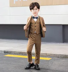 ＜在庫処分＞ キッズ スーツ 5点セット カーキ フォーマル 男の子 ベスト シャツ パンツ 蝶ネクタイ bu1