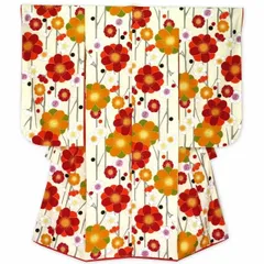 七五三 着物 7歳 女の子 日本製 総柄 四つ身 子供着物(合繊) 襦袢付き「生成り、桜」