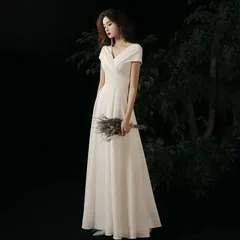 ウェディングドレス 結婚式二次会花嫁ドレス 白ワンピース大きいサイズ披露宴ロングドレス 袖あり vネック ハイウエスト上品エレガントエンのサムネイル