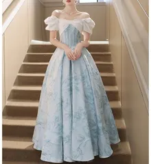【新品・未使用】 カラードレス カクテルドレス ロングドレス ブルー 花柄 オフショルダー パフスリーブ パーティードレス 発表会 演奏会 結婚式 ステージ イブニングドレス 編み上げ 前撮り プリンセスドレス レトロ