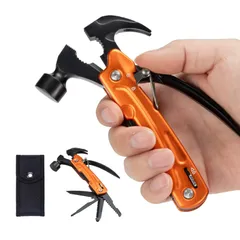 オレンジ 父の日プレゼント 家族や友人にギフト 車内の応急処置 日常作業 防災グッズ ステンレス製 ロック機能 キャンプハンマー 多機能ハンマー 専用ケース付き 小型 マルチツール 脱出 ハンマー 車 1 in 12 折り畳み 多機能 ペグハンマー