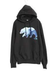【お得なクーポン配布中!】 ノースフェイス プリント スウェット フード パーカー メンズ S アウトドア プルオーバー 裏起毛 グラフィック イラスト ベア シンプル 黒