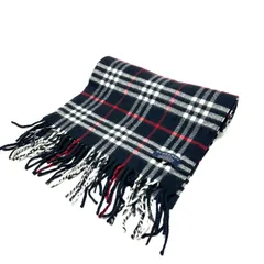 【楠本質店/元住吉】バーバリー　BURBERRY　マフラー　カシミア（カシミヤ）100％　ネイビーブラック系　チェック　30cm×145cm（フリンジ含む）　イングランド　英国製
