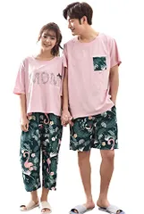 新品 [レモンツリーセブン] 綿100％ パジャマ ペアルック 男女4点セット レディース メンズ 南国風 パジャマ 夏 カップル お揃い 半袖 短パンツ 九分丈パンツ ペア 花柄 部屋着 上下セット ルームウェア
