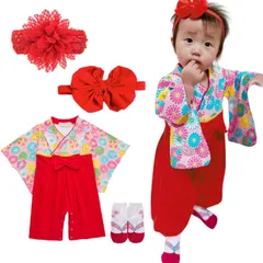 【数量限定】桃の節句 ひな祭り 初節句 １００日祝い 七五三 お宮参り お正月 お食い初め 和装 年末年始 カバーオール 着物 靴下 キッズ 新生児 ヘアバンド２個 ベビー 女の子 ４点セット キッズ服 ベビー服 ギフト 袴ロンパース