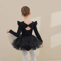 ダンスウェア バレエレオタード スカート付きバレエチュチュ tutu 女の子 長袖ワンピース スナップ付き バレエ用品 練習着 演出服ブラック