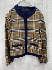 ZARA BASIC ザラ ベーシック チェック柄 ノーカラー ショート丈 ジャケット sizeUSA S/茶ｘ紺  ◇■レディース