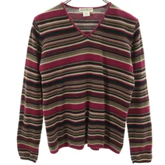 Eddie Bauer エディーバウアー ボーダー柄 長袖 Vネック ニット L ワインレッド アウトドア セーター レディース 古着