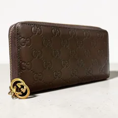 y11 GUCCI　グッチ　長 財布　ジップ アラウンド ウォレット　ラウンド ファスナー　小銭入れ　コインケース 付き　ブラウン　インターロッキング　グッチシマ　レザー
