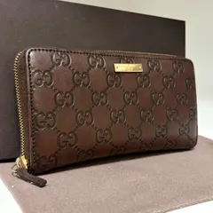 y6 GUCCI　グッチ　長 財布　ジップ アラウンド ウォレット　ラウンド ファスナー　小銭入れ　コインケース 付き　グッチシマ　レザー　ブラウン　プレート