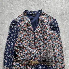 昭和レトロネイビー 花柄パッチワーク調セットアップ風ベルト付長袖フレアワンピース