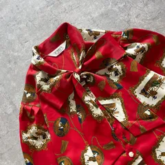 昭和レトロ 赤 クラシカル総柄 大きリボン襟 総柄スカーフ柄長袖ブラウス13号