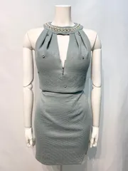 2361 DAZZY デイジー　キャバクラ　ドレス　アメスリ　セットアップ　ワッフル　パール　ストーン　ノースリーブ　フロントカット　タイト　ミニ　伸縮性　キャバドレス　M