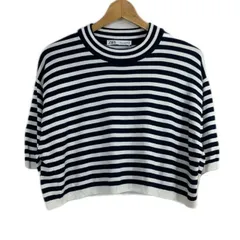 ZARA　サマーニット　半袖　カットソー　トップス　モックネック　ボーダー　ショート丈　リブ袖　カジュアル　モード　古着　/2061