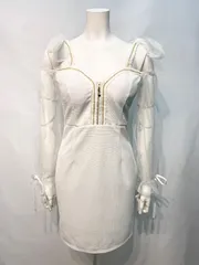 2362 DAZZY デイジー　キャバクラ　ドレス　シースルー　リボンストラップ　タイト　フロントジップ　ワッフル　ミディ　キャバドレス　M