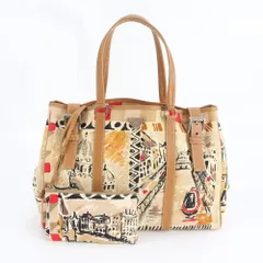 美品 プラダ ベネチア プリント レザー キャンバス トート バッグ 肩掛け ショルダー 本革 ブラウン A4 レディース RUM DP39-8【中古】