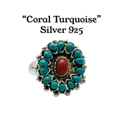 【コーラル×ターコイズ】フラワー SILVER 925 刻印 90s Vintage Design Ring シルバー デザイン リング 13号 ボタニカル ユニセックス 個性派 ユニーク インディアンジュエリー ネイティブアメリカン トライバル