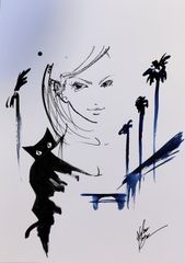原画#412 女性画 黒猫 猫 ロサンゼルス 水彩画 ドローイング
