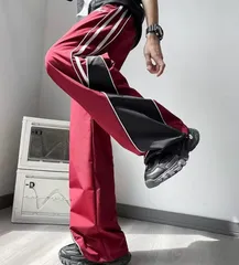 人気 トラックパンツ ジャージパンツ レッド サイドライン ワイドパンツ 韓国ファッション ストリート メンズ レディース オーバーサイズ おしゃれ オシャレ 可愛い かわいい ダンス カジュアル スポーツ ボトムス 男女兼用