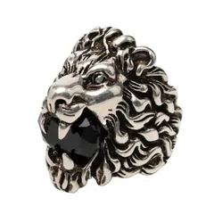 グッチ ライオンヘッド リング 指輪 #16 シルバー ブラック メタル クリスタル レディース GUCCI【1-0258605】