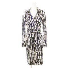 ダイアンフォンファステンバーグ DIANE von FURSTENBERG ワンピース カシュクール 襟付き ミモレ ロング 長袖 絹 シルク ストレッチ リボン 幾何学 総柄 6 M 青 ブルー /AH18 ■GY44のサムネイル