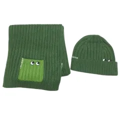 ユニクロ UNIQLO アニヤハインドマーチ タグ付き有り美品 23AW ヒートテック ニットマフラー ニットビーニー 2点セット 帽子 刺繡 ONE SIZE グリーン /X
