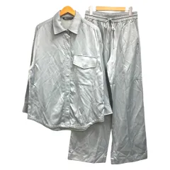 ザラ ZARA セットアップ ジャケット パンツ 長袖 ワイド ロング丈 光沢 無地 M くすみブルー 