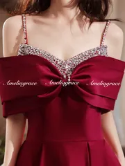 カラードレス 赤 パーティー リボン ビジュー  結婚式 二次会 演奏会 発表会 ロング イブニングドレス