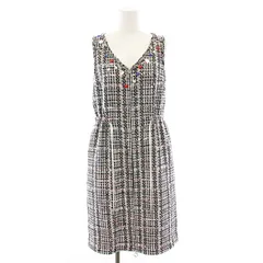 ルネ Rene ティシュー TISSUE社生地 ワンピース ひざ丈 Vネック ノースリーブ ビジュー ツイード 麻 リネン混 34 黒 ブラック 白 ホワイト 6926010 /YT