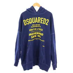 ディースクエアード DSQUARED2 D2 HOODED SWEATSHIRT ロゴスウェットフーディー プルオーバーパーカー 長袖 ストレッチ 裏起毛 M 紺 ネイビー 黄色 イエロー S74GU0431 /BB