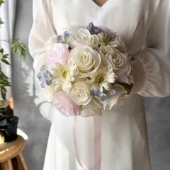 アイボリー×ピンク×水色ラウンドブーケ☆ブートニア