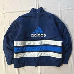 90s　vintage　ヴィンテージ　old adidas　オールドアディダス　万国旗タグ　中綿ナイロンジャケット　フルジップアップブルゾン　肉厚　両面パフォーマンスロゴ刺繍　配色3ライン　ネイビー　Y2K　ストリート　heavy nylon jacket