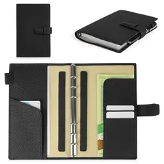 【新品】 PUレザー A6予算バインダーシステム手帳 - 6穴、3個ポケット、ペンホルダー付き、5枚カード収納（ブラック） 1