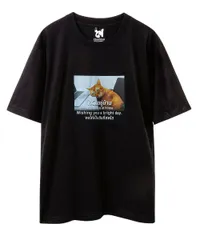 [Four leaf] 猫 プリント Tシャツ 半袖 メンズ ユニセックス 綿 カジュアル おしゃれ フォトデザイン 英字 メッセージ 黒 白 ストリート 韓国風 トップス (JP, アルファベット, M, ブラック) [ブラック] [M]