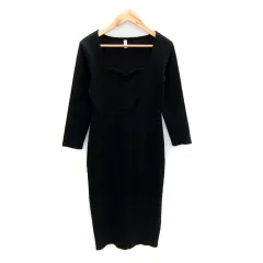 ロイヤルパーティー ROYAL PARTY ワンピース ミモレ丈 七分袖 スクエアネック 無地 F 黒 ブラック /SY17