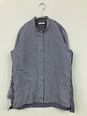 UNIQLO ユニクロ シャツ/ブラウス L ブルー コットン ストライプ柄 ミドル丈 長袖 スタンドカラー