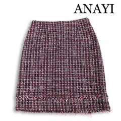 ANAYI アナイ ツイード♪ フリンジ チェック ひざ丈 タイト スカート Sz.38 レディースのサムネイル