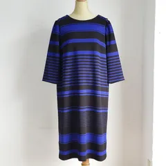 未使用 レリアン leilian ☆ 変形ボーダー柄 ワンピース 日本製 13 七分袖 黒紺 ストレッチ ブルー ブラック