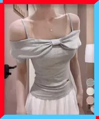 新品 リボン オフショルダートップスレディース リボントップス女子 細見えトップス無地 タイトシルエット【送料無料】