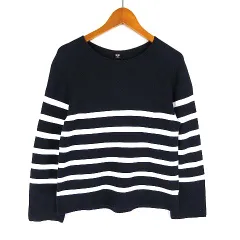 ユニクロ UNIQLO 3D コットン クルーネック セーター ニット ボーダー柄 長袖 S 紺 ネイビー オフ白