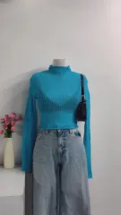 ZARA ザラ ニット/セーター M スカイブルー 長袖 ショート丈 タートルネック/ハイネック レース 無地 ナイロン