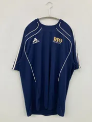 adidas アディダス Tシャツ/カットソー 4XO ネイビー 前面プリント ブランドロゴ ライン柄 ミドル丈 半袖 クルーネック(丸首)