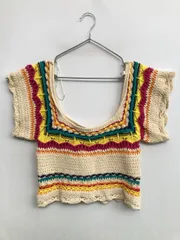 ZARA ザラ ニット/セーター M アイボリー コットン ボーダー柄 その他総柄 ショート丈 スクエアネック 半袖